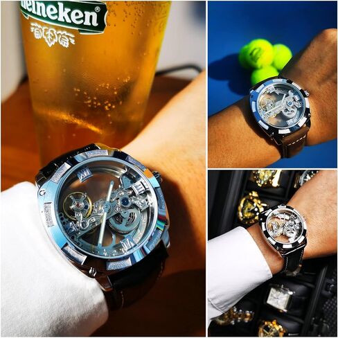 Caluxe Men Golden Bridge Skeleton Watch Automatic Mechanical Waterproof Calf Leather Strap in Kuwait