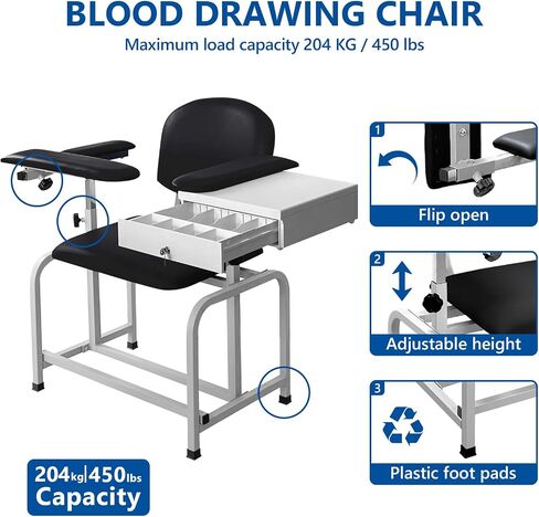 Helsevesen Large Padded Phlebotomy Chair with Large Drawer, Black in Saudi Arabia
