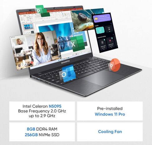 كمبيوتر محمول، شاشة 15.6 بوصة 1920x1080 IPS، ذاكرة وصول عشوائي 8 جيجابايت/256 جيجابايت NVMe SSD، معالج Intel N5095 رباعي النواة، كمبيوتر محمول، يدعم 2.4 جيجا/5 جيجا هرتز واي فاي، BT، شحن Type-c PD 3.0 in Saudi Arabia