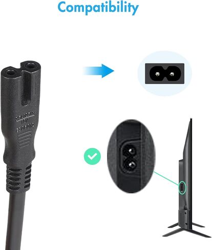 سلك طاقة للتلفزيون بطول 12 قدم لهاتف Samsung LG TCL Roku Sony Insignia 2 Prong Cord TV Plug - استبدال كابل الطاقة غير المستقطب 125 فولت من UL in Kuwait