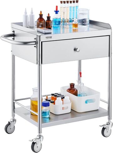 VEVOR Medical Cart, 2 Layers Stainless Steel Cart 220 lbs Weight Capacity, Lab Utility Cart with 360° Silent Wheels and a Drawer for Lab, Clinic, Kitchen, Salon, Silver in Saudi Arabia