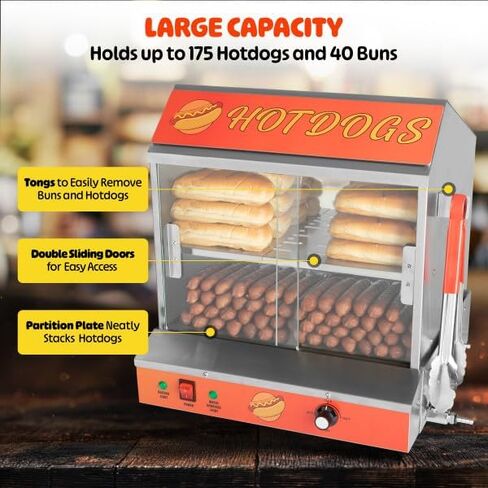 Hot Dog Machine - 34.5L Hot Dog Steamer with Bun Warmer - 1200W Hotdog Maker Holds 175 Hot Dogs and 40 Buns - Hot Dog Cooker by Great Northern Popcorn in Saudi Arabia