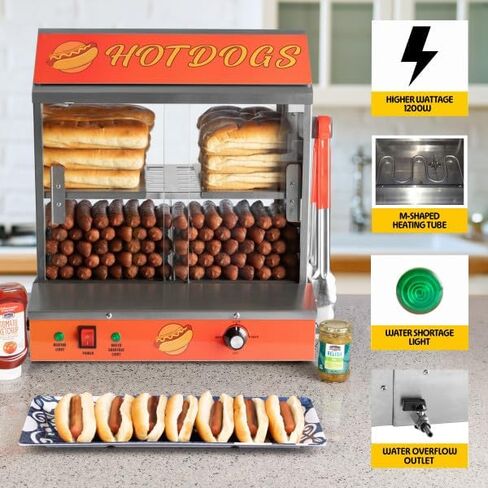 Hot Dog Machine - 34.5L Hot Dog Steamer with Bun Warmer - 1200W Hotdog Maker Holds 175 Hot Dogs and 40 Buns - Hot Dog Cooker by Great Northern Popcorn in Saudi Arabia