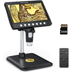 7" Digital Microscope for Adults, SKYEAR Coin Microscope 1200X Magnification with 8 Ajustable LED Fill Lights and 32GB Card, USB Microscope for Windows/MacOS, Coin Collection Supplies