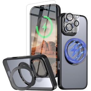for iPhone 16 Pro Case with Screen Protector & Lens Protector [15 FT Military Drop Protection] Magnetic Kickstand Compatible with MagSafe Slim Translucent Case (Black)