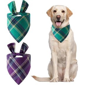 Classic Green Purple Plaid Dog Bandanas, 2 Pcs Printing Unique Shape Adjustable Fit Kerchief Scarf for Small to Large Dog Puppy Cat