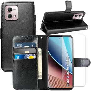 for Motorola Moto G Stylus 2023 Case, with Screen Protector, PU Leather Wrist Strap Card Slots Shockproof Protective Flip Cover Phone Wallet Case Case for Moto G Stylus 2023, Black
