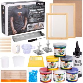 Pllieay 60pcs Screen Printing Kit with LED UV Exposure Lamp, 6 Colors Screen Printing Ink, 3 Size Wood Silk Screen Printing Frames, All The Screen Print Supplies in One Set