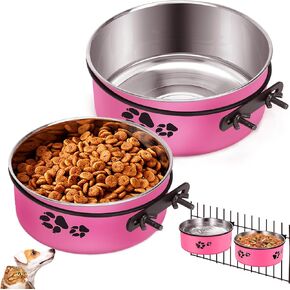 Crate Bowls Mountable 2 Pack Kennel Bowls for Dogs Cats Hot Pink Crate Food Bowls Hanging Kennel Water Bowls with Clamp Holder 2 Sizes（7.08x2.83’’,6.3x2.63’’） (Rose Pink)