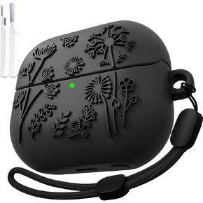 MOFREE متوافق مع حافظة Samsung Galaxy Buds 3 / Buds 3 Pro مع مجموعة تنظيف / حبل قصير، تصميم منقوش بالأزهار، غطاء واقٍ من السيليكون الناعم المقاوم للصدمات للنساء والرجال، شحن لاسلكي أسود in Kuwait