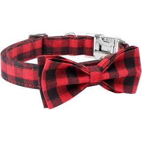 Plaid Dog Cat Collar Bowtie Heavy Metal Buckles Soft Comfy Adjustable Collar 3 Sizes L