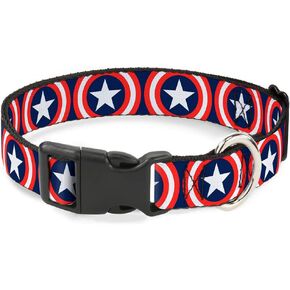 Buckle-Down Marvel Universe Captain America Shield Repeat Navy Plastic Clip Collar, Large/15-26"