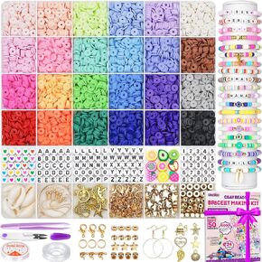 Gionlion 6000 Pcs Clay Beads for Bracelet Making, 24 Colors Flat Round Polymer Clay Beads 6mm Spacer Heishi Beads with Pendant Charms Kit and Elastic Strings for Jewelry Making Kit Bracelets Necklace