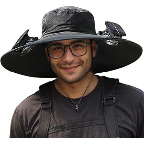 Men Sun Hat with 2 Solar Fan UPF 50+ Fishing Hats Wide Brim UV Protection Sun Hat, USB Charging