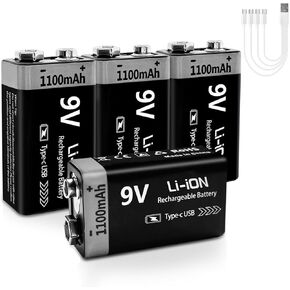 USB Rechargeable 9V Lithium Batteries - 4 Pack 1100mAh Long Lasting Li-ion Batteries with 4-in-1 USB C Charging Cable, for Wireless Microphones, Smoke Alarms, Metal Detectors, Guitar