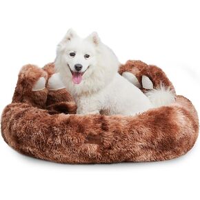 Cute Dog Bed, Fluffy Cozy Bear Paw Shape Plush Round Cat Bed for Small, Medium Dogs Large Cats, Comfortable Sleeping Puppy Cushion, Ideal for Indoor Use（Khaki,30inch