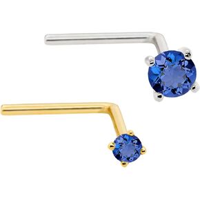 22G Solid 14Kt Gold L-Shape Nose Stud with real Blue Sapphire Gemstone, 14kt Yellow Gold or 14kt White Gold Prong Setting - September Birthstone Nose Ring