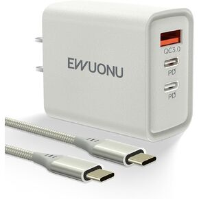 45W USB C Wall Charger Block with 3.3ft Cable, EWUONU 3Port Fast Charging Plug PD&QC 3.0 Power Adapter for iPhone 15/15 Pro/15 Pro Max/14/13//iPad air6/5/4, S24U/S23U/S22, Earbuds,Google Pixel