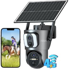Xega 4G Cellular Security Camera【Dual Lens】 Outdoor with SIM Card, 14400mAh 2K HD Wireless Solar Powered 4G LTE Security Camera, PTZ Human Detection Spotlight Siren Alert TF Cloud Storage IP66