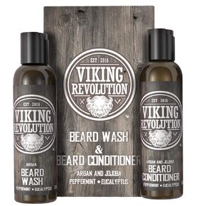 Viking Revolution Beard Wash & Beard Conditioner Set w/Argan & Jojoba Oils – Softens, Smooths & Strengthens Beard Growth - Natural Peppermint and Eucalyptus Scent - Beard Shampoo w/Beard Oil (5 oz)