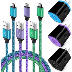 كتلة مكعب شاحن حائط للهاتف Android مع كابل Micro USB متوافق مع Moto E وG وG5 Plus/E5 Play E6 E4 وSamsung Galaxy Note 5/4 S7 S6 J8 J7 J7V J3V والكمبيوتر اللوحي وسلك USB A من النايلون بطول 6 أقدام 3 حزم