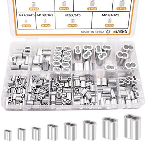 mankk 322 Pcs Aluminum Crimping Loop Sleeve 8 Sizes (3/64'' 1/16'' 5/64'' 3/32'' 1/8'' 5/32'' 3/16'' 1/4'') Wire Rope Sleeves Double Cable Ferrules Kit M-109-322