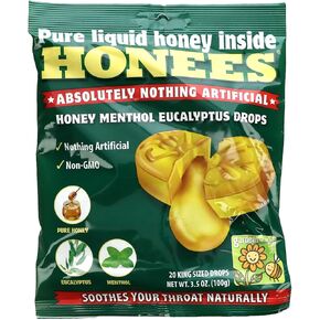 Honees Honey Menthol Cough Drops - 20-Piece, Single Pack Honey-Filled Lozenges | Temporary Relief from Cough | Soothes Sore Throat | All Natural