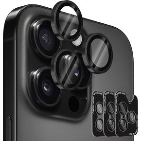 Orzero (3 Sets) Compatible for iPhone 16 Pro 6.3″/iPhone 16 Pro Max 6.9″ Camera Lens Protector, One-Step Installation Tray Individual Metal Ring Glass Cover CD Pattern Case Friendly - Black Titanium