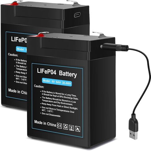 بطارية LiFePO4 مطورة قابلة لإعادة الشحن 6 فولت 6 أمبير مع تصميم شحن USB، بطارية ليثيوم 6 فولت 2000+ دورات مع BMS (محطات F1) للركوب على الألعاب، وحدة تغذية الغزلان 2 حزمة in Saudi Arabia