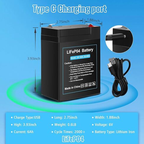 بطارية LiFePO4 مطورة قابلة لإعادة الشحن 6 فولت 6 أمبير مع تصميم شحن USB، بطارية ليثيوم 6 فولت 2000+ دورات مع BMS (محطات F1) للركوب على الألعاب، وحدة تغذية الغزلان 2 حزمة in Saudi Arabia