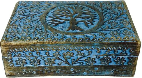 Vrinda® Hand-Carved Wooden Box - Decorative Treasure Chest Box – Flower of Life Pattern - Exquisite Storage Solution – Ideal for Jewellery, Watches, Others - Brown, 8X5 Inch in Kuwait