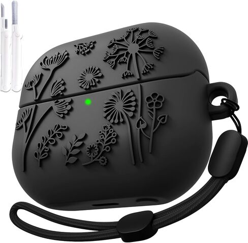 MOFREE متوافق مع حافظة Samsung Galaxy Buds 3 / Buds 3 Pro مع مجموعة تنظيف / حبل قصير، تصميم منقوش بالأزهار، غطاء واقٍ من السيليكون الناعم المقاوم للصدمات للنساء والرجال، شحن لاسلكي أسود in Kuwait