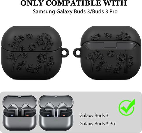 MOFREE متوافق مع حافظة Samsung Galaxy Buds 3 / Buds 3 Pro مع مجموعة تنظيف / حبل قصير، تصميم منقوش بالأزهار، غطاء واقٍ من السيليكون الناعم المقاوم للصدمات للنساء والرجال، شحن لاسلكي أسود in Kuwait