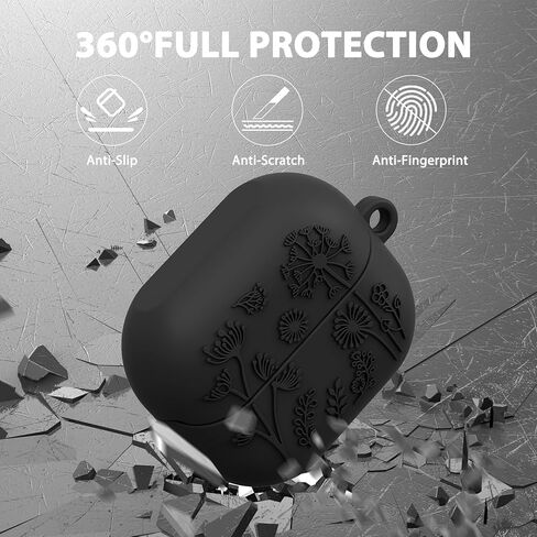 MOFREE متوافق مع حافظة Samsung Galaxy Buds 3 / Buds 3 Pro مع مجموعة تنظيف / حبل قصير، تصميم منقوش بالأزهار، غطاء واقٍ من السيليكون الناعم المقاوم للصدمات للنساء والرجال، شحن لاسلكي أسود in Kuwait