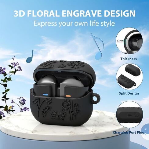 MOFREE متوافق مع حافظة Samsung Galaxy Buds 3 / Buds 3 Pro مع مجموعة تنظيف / حبل قصير، تصميم منقوش بالأزهار، غطاء واقٍ من السيليكون الناعم المقاوم للصدمات للنساء والرجال، شحن لاسلكي أسود in Kuwait