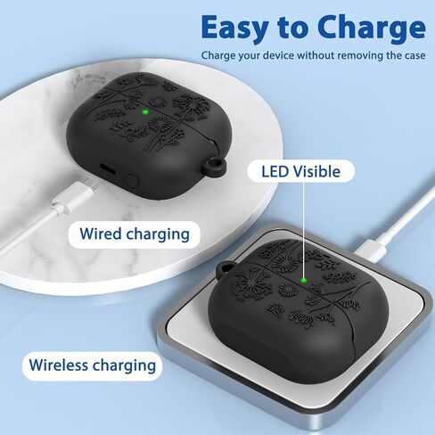 MOFREE متوافق مع حافظة Samsung Galaxy Buds 3 / Buds 3 Pro مع مجموعة تنظيف / حبل قصير، تصميم منقوش بالأزهار، غطاء واقٍ من السيليكون الناعم المقاوم للصدمات للنساء والرجال، شحن لاسلكي أسود in Kuwait