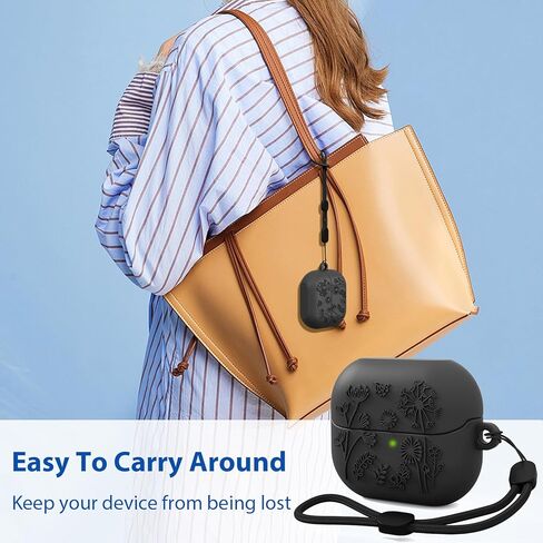 MOFREE متوافق مع حافظة Samsung Galaxy Buds 3 / Buds 3 Pro مع مجموعة تنظيف / حبل قصير، تصميم منقوش بالأزهار، غطاء واقٍ من السيليكون الناعم المقاوم للصدمات للنساء والرجال، شحن لاسلكي أسود in Kuwait