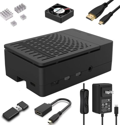 حافظة Raspberry Pi 4 مع مروحة، ومصدر طاقة USB-C 5V 4.0A، وكابل Micro HDMI بطول 1.5 متر، ومحول HDMI إلى Micro HDMI، و4 أحواض حرارة من الألومنيوم، وقارئ بطاقة USB لـ Raspberry Pi 4 in Kuwait