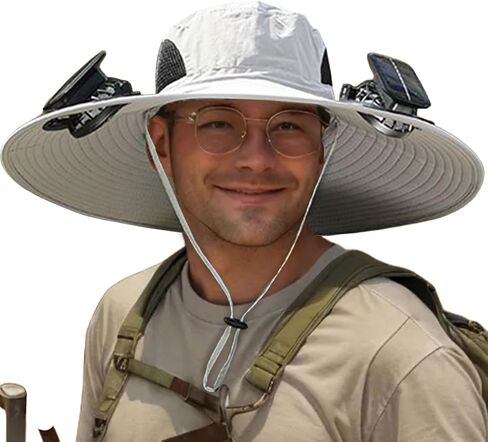 Men Sun Hat with 2 Solar Fan UPF 50+ Fishing Hats Wide Brim UV Protection Sun Hat, USB Charging in Kuwait