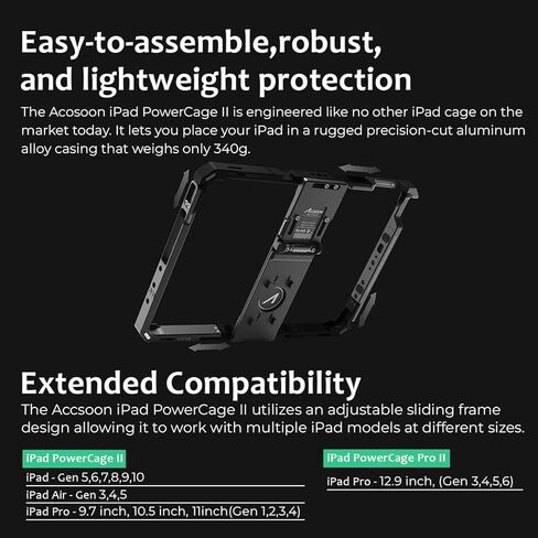 Accsoon iPad Power Cage Ⅱ لأجهزة iPad، متوافق مع Ipad - الجيل 5، 6، 7، 8، 9، 10، Ipad Air - الجيل 3، 4، 5، Ipad Pro - 9.7 بوصة، 10.5 بوصة، 11 بوصة (الجيل 1، 2، 3، 4)، محول لوحة البطارية ACC04 NP-F in Kuwait