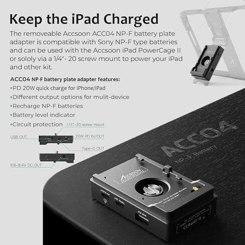 Accsoon iPad Power Cage Ⅱ لأجهزة iPad، متوافق مع Ipad - الجيل 5، 6، 7، 8، 9، 10، Ipad Air - الجيل 3، 4، 5، Ipad Pro - 9.7 بوصة، 10.5 بوصة، 11 بوصة (الجيل 1، 2، 3، 4)، محول لوحة البطارية ACC04 NP-F in Kuwait