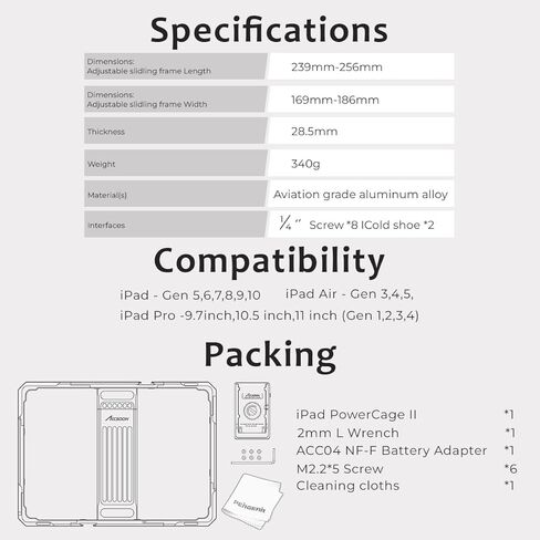 Accsoon iPad Power Cage Ⅱ لأجهزة iPad، متوافق مع Ipad - الجيل 5، 6، 7، 8، 9، 10، Ipad Air - الجيل 3، 4، 5، Ipad Pro - 9.7 بوصة، 10.5 بوصة، 11 بوصة (الجيل 1، 2، 3، 4)، محول لوحة البطارية ACC04 NP-F in Kuwait