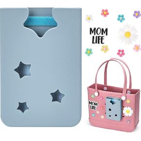 Silicone Phone Holder Compatible with Bogg Bag, 9pcs Soft Flower & Mom Life Charms Accessories for Bogg Beach Bags, Generic & Portable Size Fits for iPhone and Android Phones (Blue)