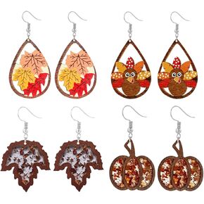 4 Pairs Fall Thanksgiving Drop Dangle Earrings for Women Lightweight Autumn Wooden Teardrop Earrings Cute Colorful Pumpkin Maple Leaf Sunflower Turkey Earrings