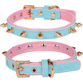 LOVPE Cat Collar/Dog Collar Golden Spiked Studded Double Layer Leather Pet Collars with Golden Rhinestone Buckle for Cats Puppy Small Medium Dogs (Blue/Pink, XS)