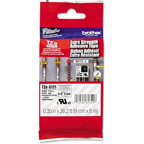 Brother TZES121 TZe Extra-Strength Adhesive Laminated Labeling Tape, 3/8-Inch w, Black on Clear
