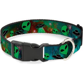 Buckle-Down Plastic Clip Collar - Aliens & UFO's Galaxy/Green/Black/White - 1/2" Wide - Fits 8-12" Neck - Medium