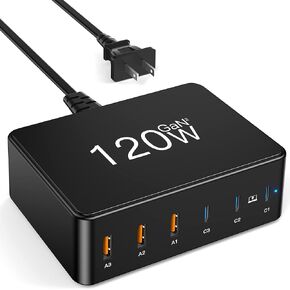 USB C Charger - 120W GaN 6 Ports USB Charging Station for Multiple Devices, USB Fast Wall Charger with 3 Type-C and 3 USB A, Multiport Power Adapter for iPad iPhone, Samsung Android Phones, MacBook
