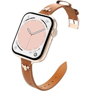 Astorogs Slim Leather Band Compatible with Apple Watch Series 10 42mm,9/8/7 41mm,SE2/SE/6/5/4 40mm,3/2/1 38mm,Full Genuine Leather Thin Band with Charms Replacement Strap for Women,Black/Rose Gold