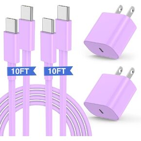 for iPhone 15 Fast Charger and 10ft Type C to C Cable Cord Long, 20W USB C Charging Block for Apple iPhone 15 Plus/15 Pro Max,iPad Pro 12.9/11 inch/4/3 th/Air/Mini,Wall Plug Power Adapter Cube Purple